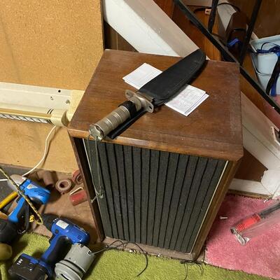 lot 336- misc. tools, electronics, exercise equipment, knife, speakers