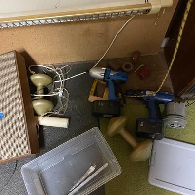 lot 336- misc. tools, electronics, exercise equipment, knife, speakers