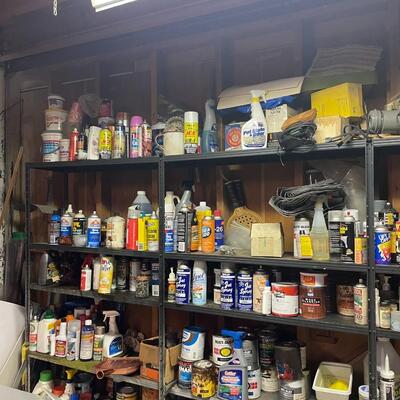 lot 338- table, shelves, all misc. tools, chemicals, etc.
