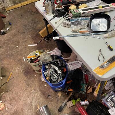 lot 338- table, shelves, all misc. tools, chemicals, etc.
