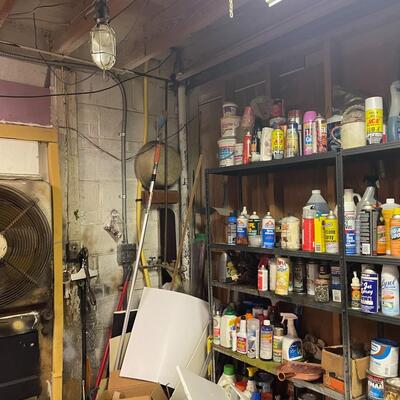 lot 338- table, shelves, all misc. tools, chemicals, etc.