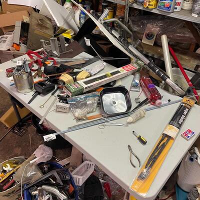 lot 338- table, shelves, all misc. tools, chemicals, etc.