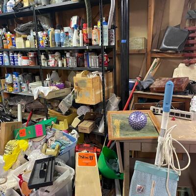 lot 338- table, shelves, all misc. tools, chemicals, etc.