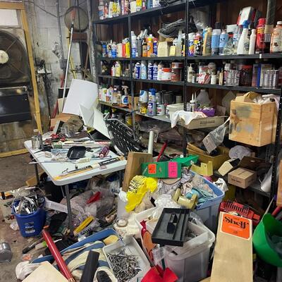 lot 338- table, shelves, all misc. tools, chemicals, etc.
