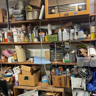 lot 339- shelves, stool, all misc. tools and parts