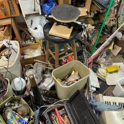 lot 339- shelves, stool, all misc. tools and parts