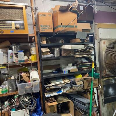 lot 339- shelves, stool, all misc. tools and parts