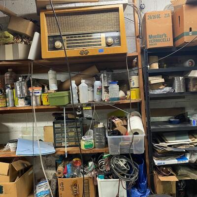 lot 339- shelves, stool, all misc. tools and parts