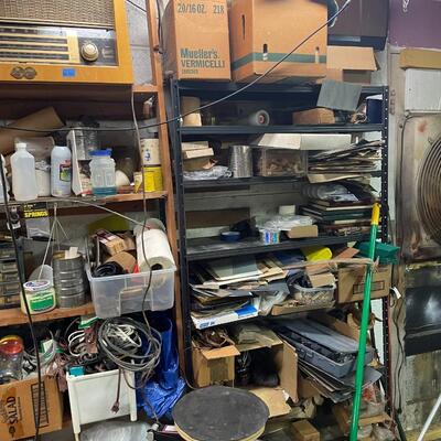 lot 339- shelves, stool, all misc. tools and parts