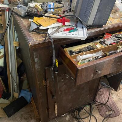 lot 340- shelf, tool bench, all misc. tools, shelves, parts