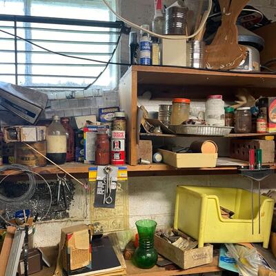 lot 340- shelf, tool bench, all misc. tools, shelves, parts