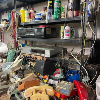 lot 340- shelf, tool bench, all misc. tools, shelves, parts