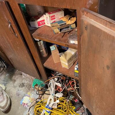 lot 340- shelf, tool bench, all misc. tools, shelves, parts