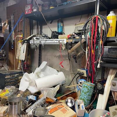 lot 340- shelf, tool bench, all misc. tools, shelves, parts