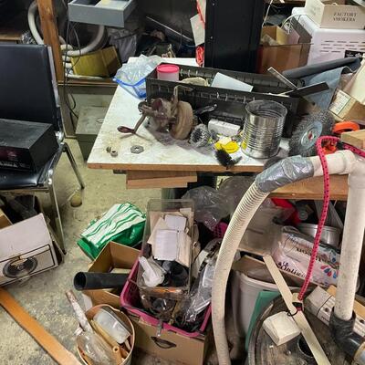 lot 341- tool bench, stools, all misc. tools and parts