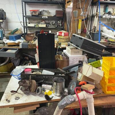 lot 341- tool bench, stools, all misc. tools and parts
