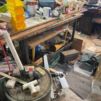 lot 341- tool bench, stools, all misc. tools and parts