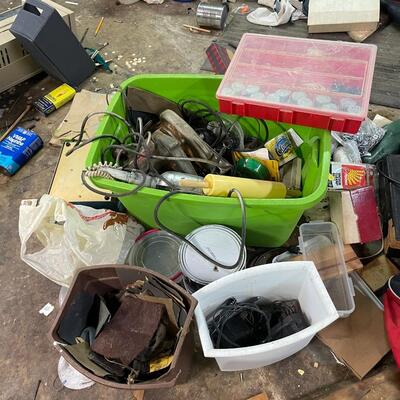 lot 341- tool bench, stools, all misc. tools and parts