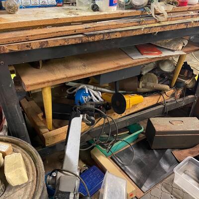 lot 341- tool bench, stools, all misc. tools and parts