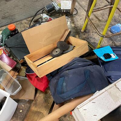lot 341- tool bench, stools, all misc. tools and parts