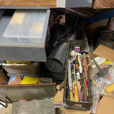 lot 342- all misc. tools/shelves/cabinet/big tools