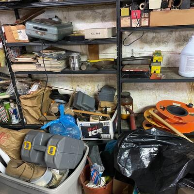 lot 343- shelves, all misc. tools and electronics