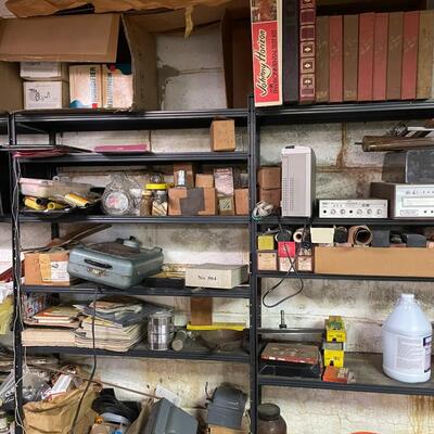 lot 343- shelves, all misc. tools and electronics