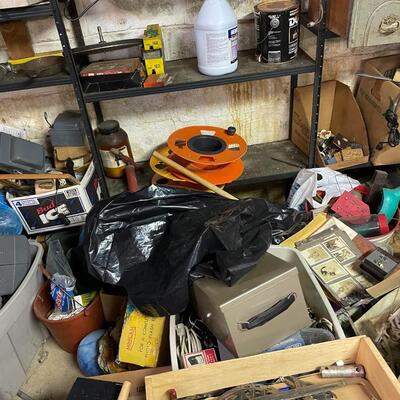 lot 343- shelves, all misc. tools and electronics