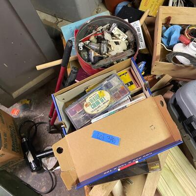 lot 343- shelves, all misc. tools and electronics