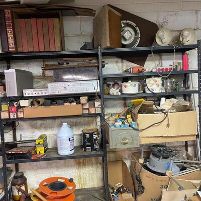 lot 343- shelves, all misc. tools and electronics