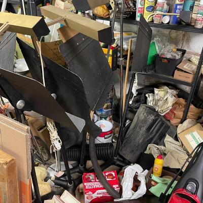 lot 345- shelves, misc. tools, music stands, vacuum, etc.