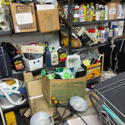 lot 345- shelves, misc. tools, music stands, vacuum, etc.