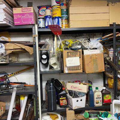 lot 345- shelves, misc. tools, music stands, vacuum, etc.