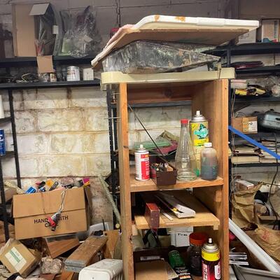 lot 345- shelves, misc. tools, music stands, vacuum, etc.