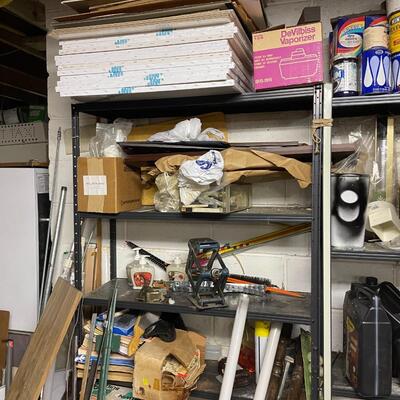 lot 345- shelves, misc. tools, music stands, vacuum, etc.