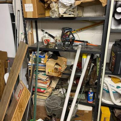 lot 345- shelves, misc. tools, music stands, vacuum, etc.