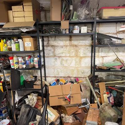 lot 345- shelves, misc. tools, music stands, vacuum, etc.