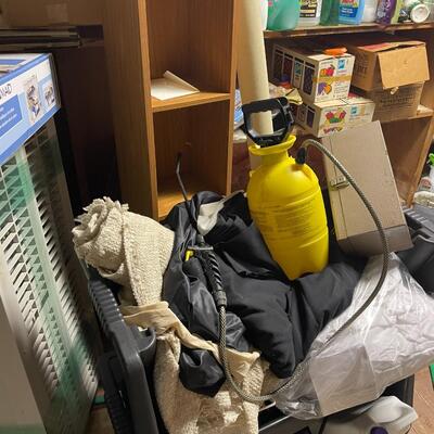 lot 347- misc. shelves with items, chemicals, tools, table, all items