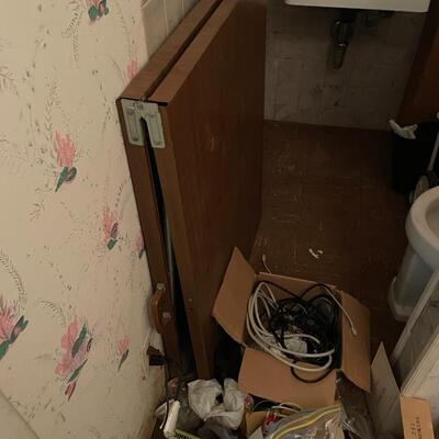 lot 347- misc. shelves with items, chemicals, tools, table, all items