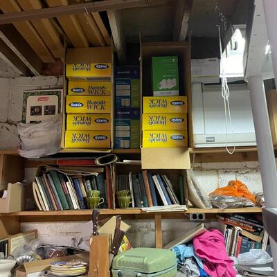 lot 347- misc. shelves with items, chemicals, tools, table, all items