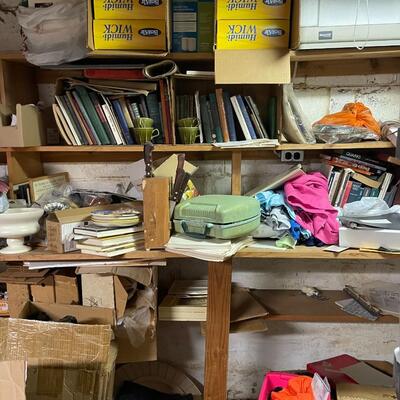 lot 347- misc. shelves with items, chemicals, tools, table, all items