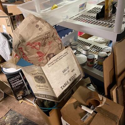 lot 347- misc. shelves with items, chemicals, tools, table, all items