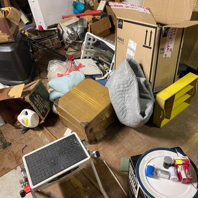 lot 347- misc. shelves with items, chemicals, tools, table, all items