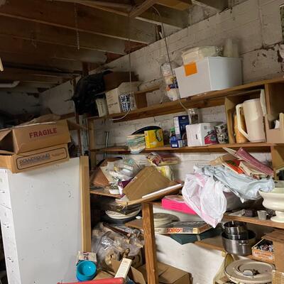 lot 347- misc. shelves with items, chemicals, tools, table, all items