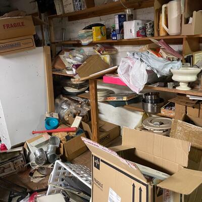 lot 347- misc. shelves with items, chemicals, tools, table, all items