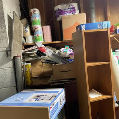 lot 347- misc. shelves with items, chemicals, tools, table, all items