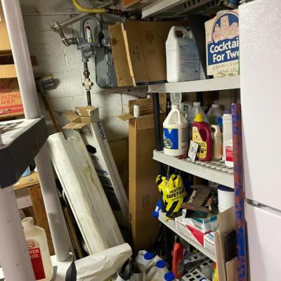 lot 347- misc. shelves with items, chemicals, tools, table, all items