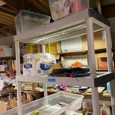 lot 347- misc. shelves with items, chemicals, tools, table, all items