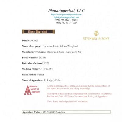 lot 350- Steinway and Sons piano 1920 walnut model L serial #203831 appraised $21,520.00