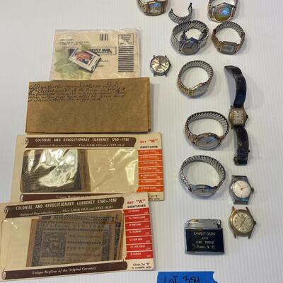 lot 354- stamps, Colonial Revolutionary currency antique reproduction, lighter, watches, lighter